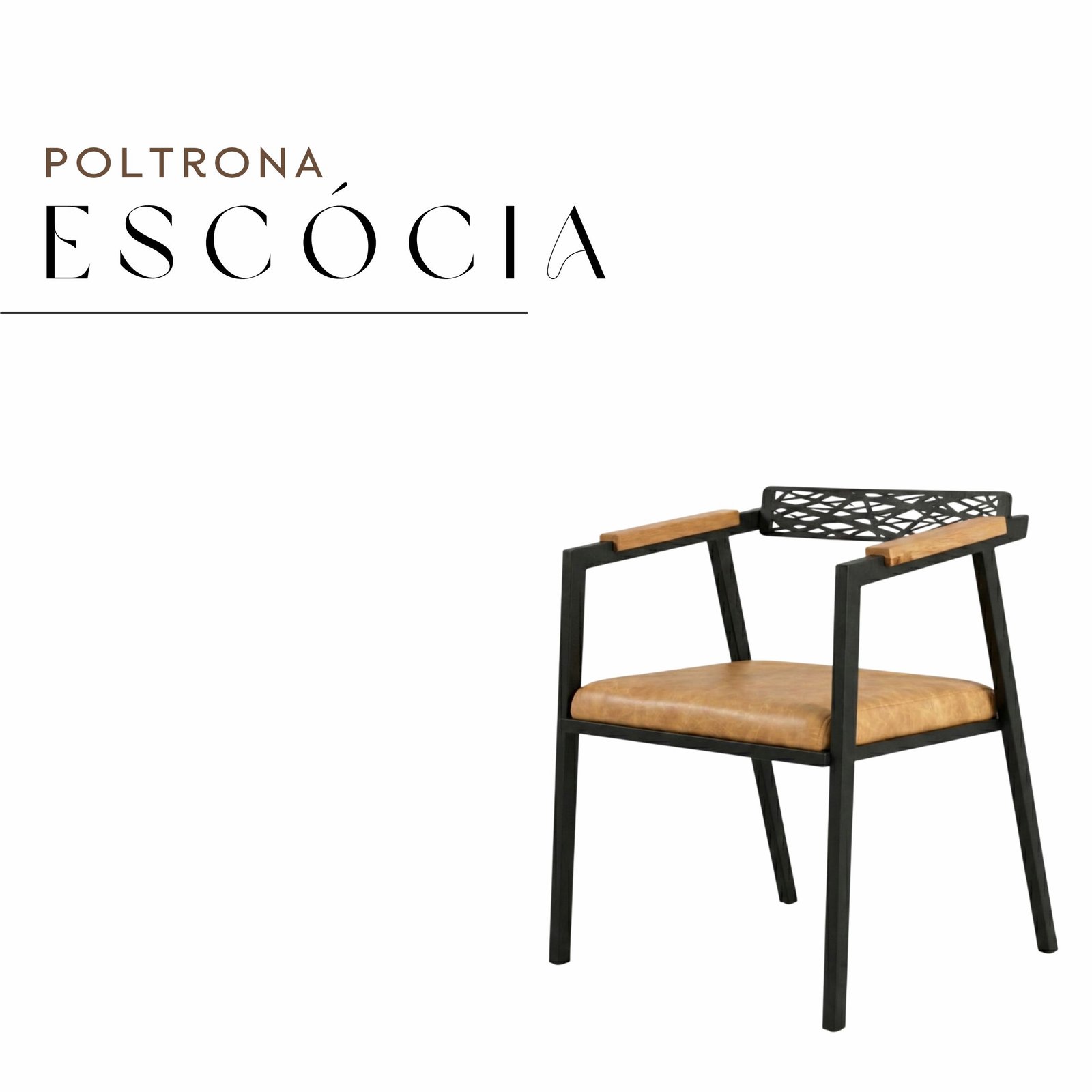 Poltrona Escócia de Aço com Couro Sintético e Madeira Maciça de Demolição