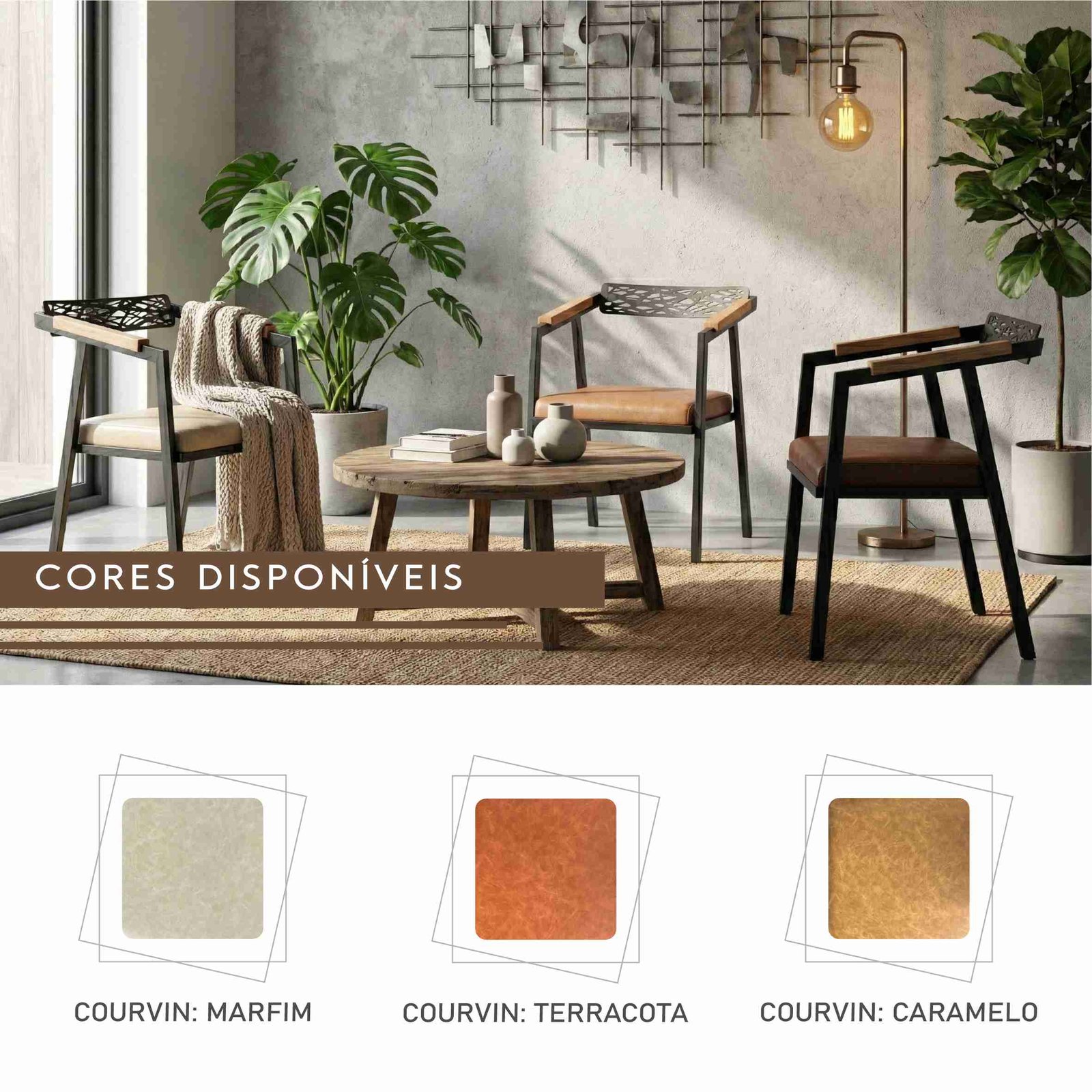 Poltrona Escócia de Aço com Couro Sintético e Madeira Maciça de Demolição