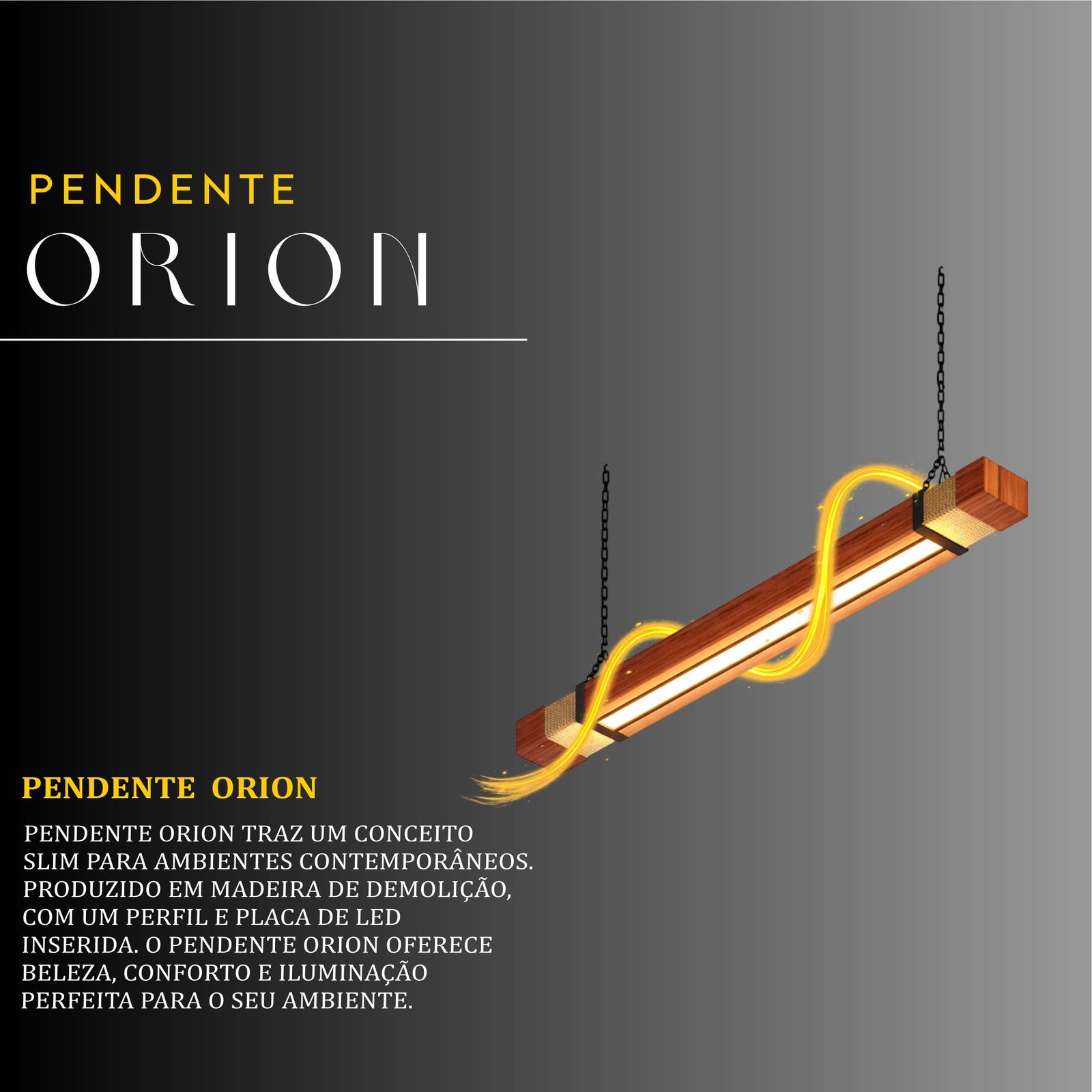 Pendente Led Orion 36w 4000lm Bivolt de Madeira Maciça Rústica de Demolição
