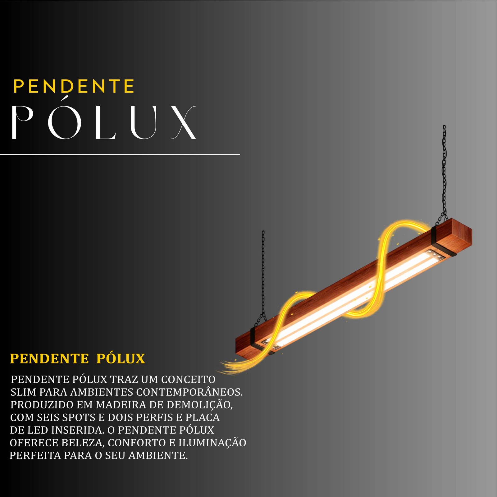 Pendente Led Pólux 48w 4800lm Bivolt de Madeira Maciça Rústica de Demolição