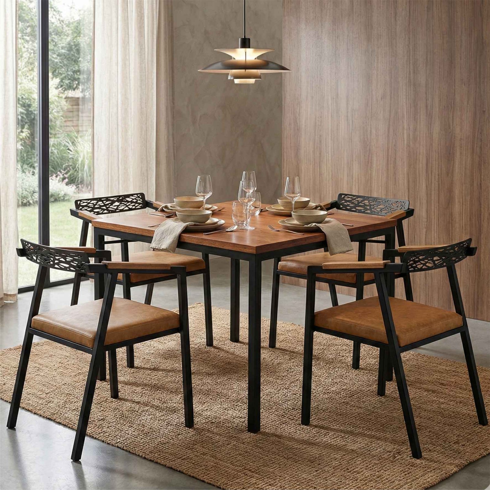 Mesa La Paz Quadrada de Aço com Madeira Maciça Rústica de Demolição