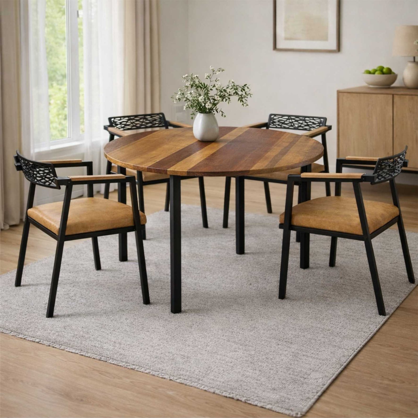 Mesa La Paz Redonda de Aço com Madeira Maciça Rústica de Demolição