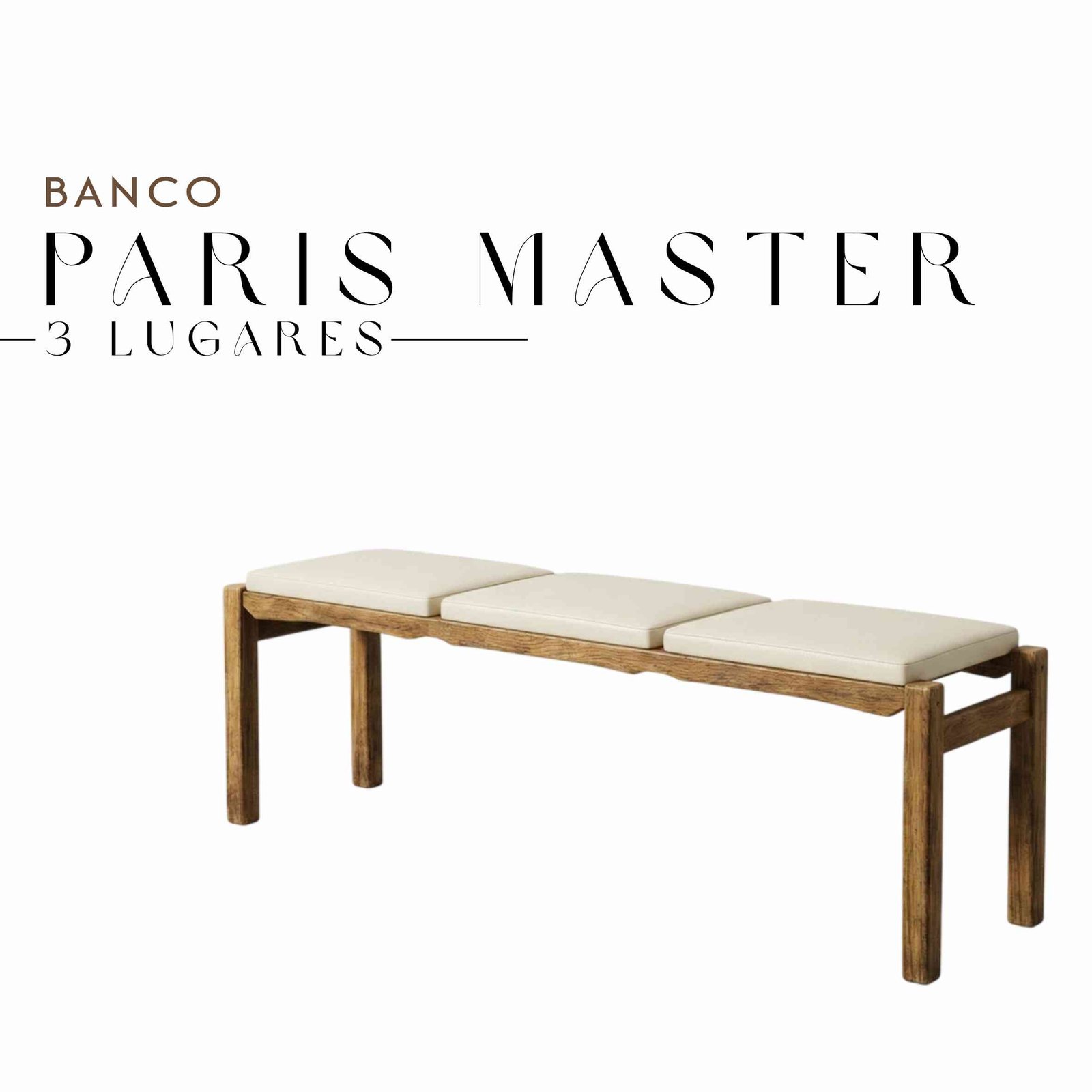 Banco Paris Master de 3 Lugares de Couro Sintético e Madeira Maciça de Demolição