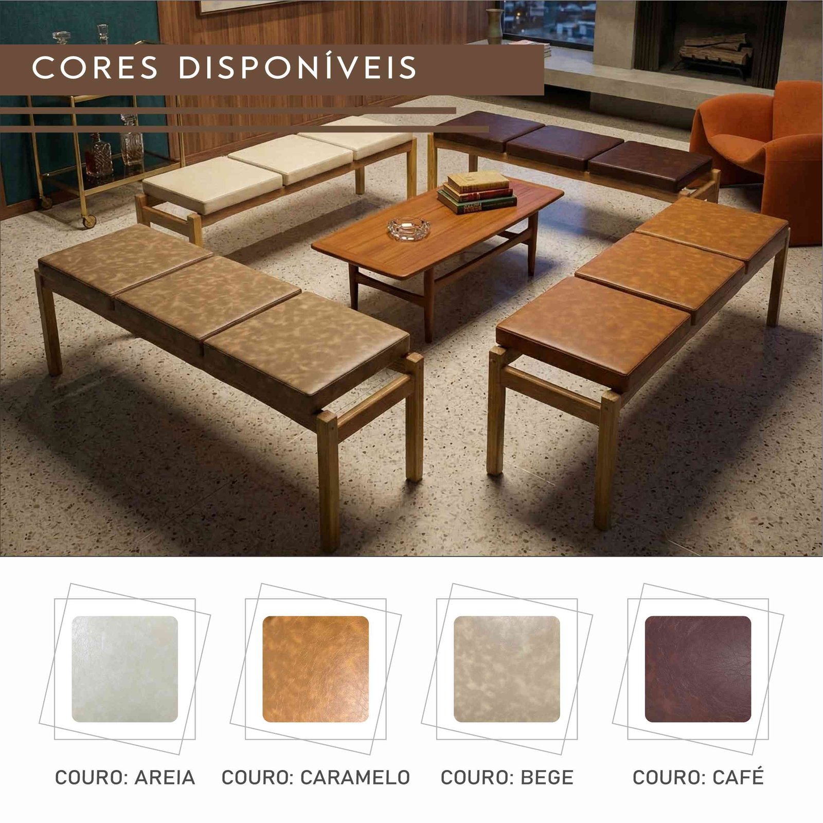 Banco Paris Master de 3 Lugares de Couro Sintético e Madeira Maciça de Demolição